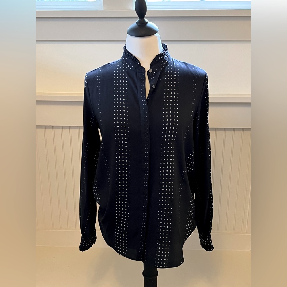 Ann Taylor - Navy & White, high-collar, long-sleeve blouse. Button down.
